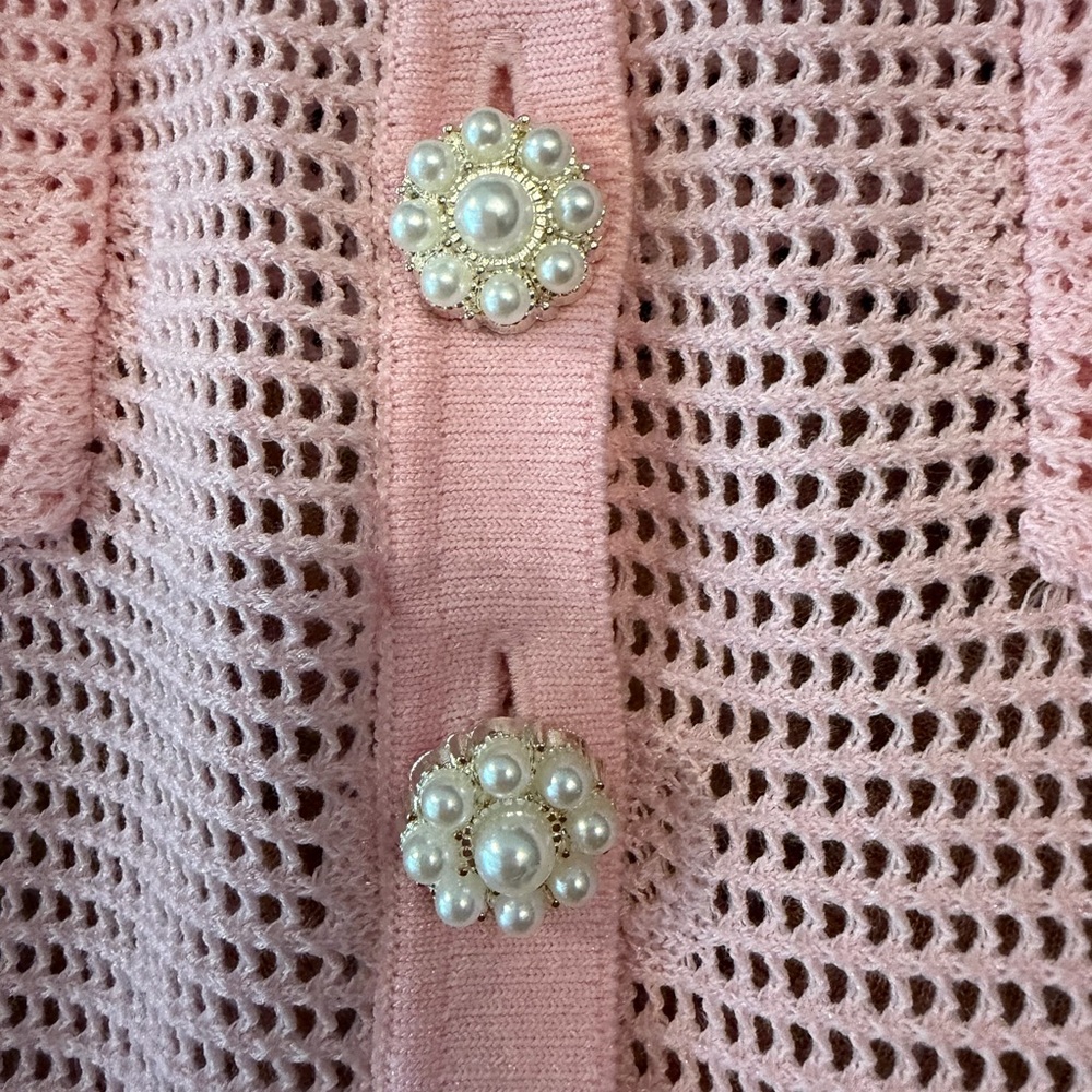 Self-Portrait Pink Short-Sleeve Knit Pocket Dress with Pearl Buttons - Picture 5 of 9